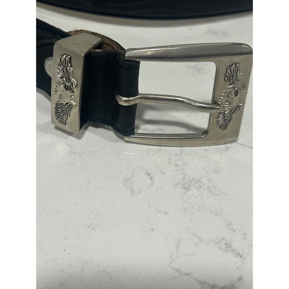 Mens Black Leather Belt Eagle USA Embossed Silver Buckle Size L